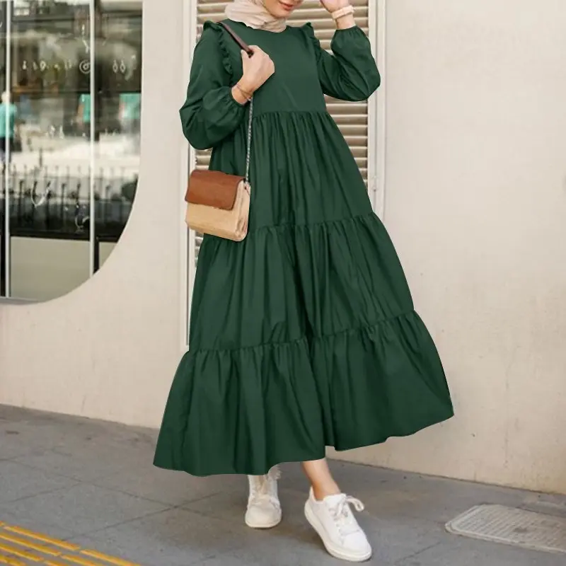 2023 new arrivals Simple Boho Dress Autumn Korean Fashion Maxi Puff Sleeve Round Neck Loose Plus Size Long Dress