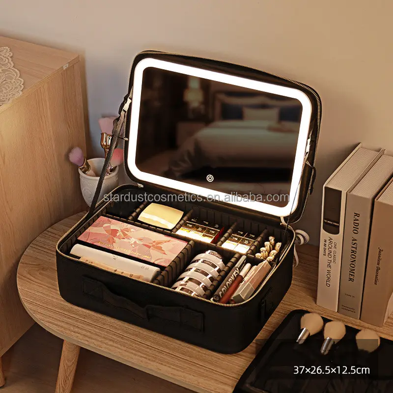 Custom Logo Lighted Vanity Makeup Bag Cosmetic Case pink and black color With Mirror Make Up Led Travel Organizer