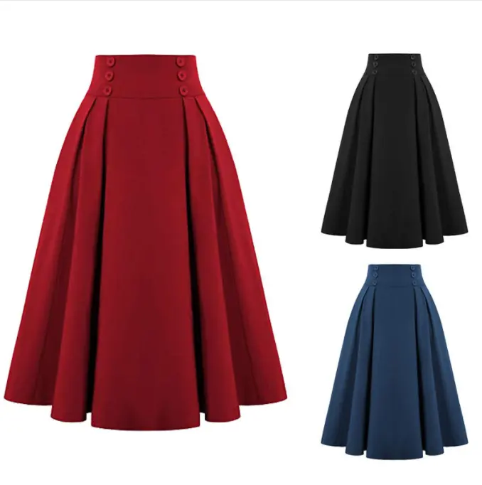 Summer Ladies Swing Buttons Decorated Elastic Skirts High Waist Elegant Retro Pleated Skirt