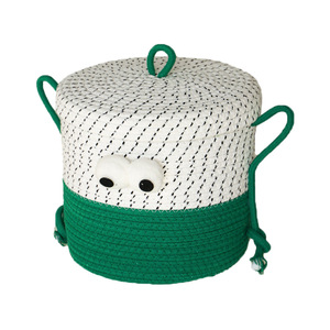 ตะกร้าเก็บของทรงกลมทำมือจากผ้าฝ้ายลายการ์ตูนน่ารัก สีเขียวขาว มีฝาปิดพร้อมลายตา - Product Image 1