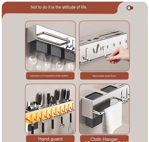 थोक बहु-कार्यात्मक स्टेनलेस स्टील दीवार-घुड़सवार चाकू चॉस्टिक धारक नो-ड्रिल रसोई बर्तन भंडारण रैक - Product Image 6