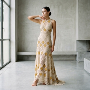 Robe midi en maille unie sans manches ajourée de haute qualité pour femme, nouvelle collection été 2026 - Product Image 4