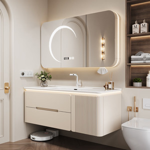 Nuevo gabinete de baño inteligente de madera de caucho con lavabo integrado de cerámica para lavarse las manos - Product Image 2