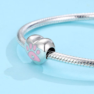 Abalorio de Plata S925 con Forma de Corazón y Huella de Pata de Mascota, Esmalte Rosa, para Amantes de Perros y Gatos, Joyería para Pulsera de Mujer, Regalo - Product Image 3
