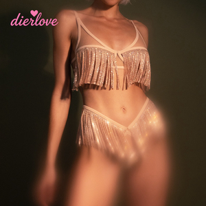 Ensemble de soutien-gorge à franges et sequins couleur champagne Dierlove avec string taille haute, lingerie de soirée pour femmes, lingerie sexy de haute qualité - Product Image 1