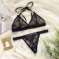 Ensemble de lingerie sexy transparente avec soutien-gorge et string personnalisés avec des lettres en pierre