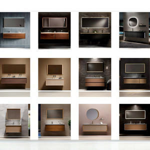 Double <b>Round</b> Gold <b>Framed</b> Led Mirror Bathroom Vanities With Marble Top and Textured Wood Cabinet - Product Image 2