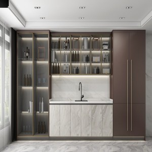 BAILOM <span class=keywords><strong>Cucina</strong></span> Modulare Moderna Personalizzabile di Alta Gamma, Ecologica, con Isola in <span class=keywords><strong>Marmo</strong></span> e Pannelli in <span class=keywords><strong>Legno</strong></span> Scanalato, Area Vino - Product Image 3