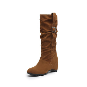 Brown Suede <b>Knee</b>-<b>High</b> Boots Round Toe Wedge Heel Buckle Strap Comfort Wear Drop Shipping - Product Image 1