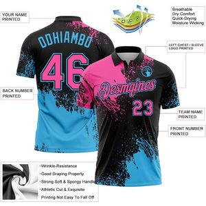 เสื้อโปโลกอล์ฟพิมพ์ลายสีชมพู ดำ น้ำเงินสดใส แบบยูนิเซ็กซ์ สั่งทำได้ตามต้องการ แห้งเร็ว ระบายอากาศดี เหมาะสำหรับเล่นกีฬา - Product Image 3