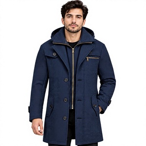 Manteau long en laine bleue pour homme avec capuche, col à revers cranté, double boutonnage, fermeture éclair, trench-coat - Product Image 1