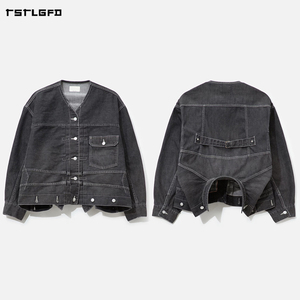 Chaqueta de mezclilla lavada para hombre, estilo desestructurado con dobladillo irregular, bolsillos con solapa doble, hebilla trasera, hombros caídos, estilo oversize, top de streetwear. - Product Image 4