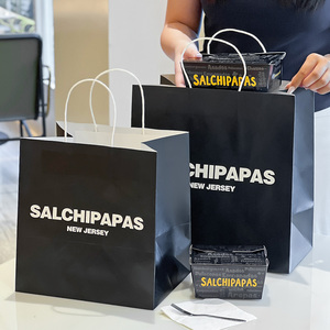 Sacs en <span class=keywords><strong>papier</strong></span> <span class=keywords><strong>kraft</strong></span> noir biodégradables et recyclables personnalisés avec logo pour la vente <span class=keywords><strong>à</strong></span> emporter de restauration rapide - Product Image 1