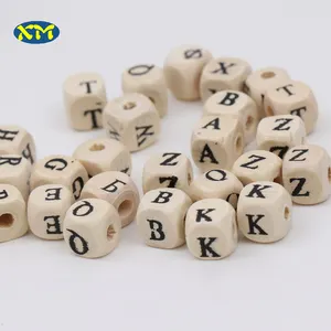 Safe Natural Wood DIY 10mm Alphabet Black A-Z Cube Wood Letter Beads