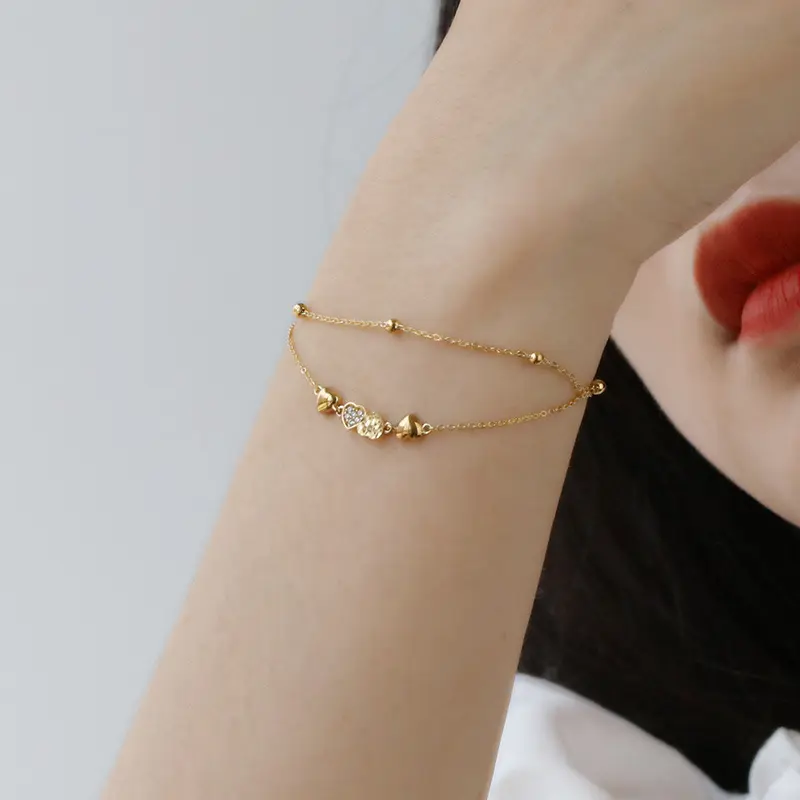 Gold Plated Fashion Jewelry Silver Bracelets Double Layer 925 Women Heart Bead Bracelet