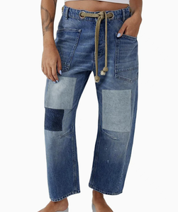 Women's Y2K Patchwork Wide Leg <strong>Jeans</strong> 2026 New <strong>Drawstring</strong> Waist Loose Boyfriend Fit Denim Trousers Casual Daily Outfits - Product Image 3