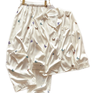 Nouveau <span class=keywords><strong>satin</strong></span> vêtements de nuit dessin animé pyjamas mujer papillon mignon pour les femmes glace soie à manches longues pantalons longs homewear costume - Product Image 5