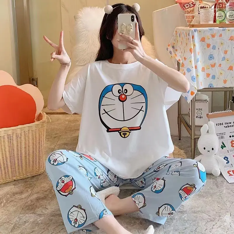 Wholesale Hot Style Summer Korean Milk Silk Sleepwear Sweet Cartoons Pajamas 3 Pieces Set Women Printed Nightwear For Women