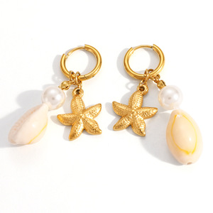 Boucles d'oreilles pendantes en forme d'étoile de mer, plaquées or 18 carats, style plage, perles, pour tous les jours - Product Image 5