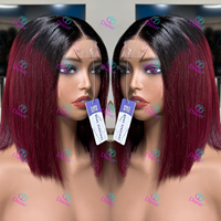 Pelucas Cortas Bob Color Borgoña, Cabello Virgen Vietnamita Liso Natural, Doble Trama, Remy, Transparente, 2x6 HD, Sin Pegamento, 300% de Densidad