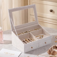 Organisateur de bijoux de luxe en cuir PU double couche avec serrure, fenêtre transparente, doublure en velours, portable pour bagues et colliers