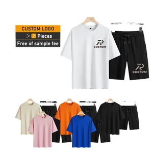 Custom Mens Summer Tracksuit 2 Piece 100% Cotton230gsm T Shirt And 100%cotton 280gsm Short Sets