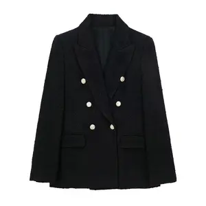 ZATRHMBM 여성의 2023 새로운 패션 질감 더블 브레스트 정장 복고풍 캐주얼 V-넥 긴 소매 우아한 여성의 재킷