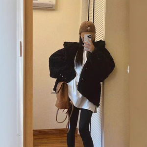 Black Faux Fur Hooded Coat Women Thick Winter Outerwear Solid Color Polyester Wadding Cardigan Style - Product Image 4