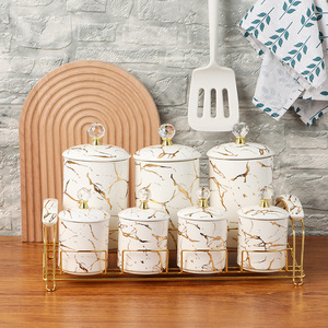 Marmor-Keramik Gewürzdosen mit Deckel Porzellan Gewürzbehälter <span class=keywords><strong>Set</strong></span> 7-teilig Keramik Gewürz- und Würzmittelbehälter - Product Image 3