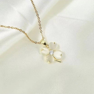 Four Leaf Clover Necklace Cat's Eye Stone <b>Titanium</b> Steel Clavicle <b>Chain</b> Gift Fashion Jewelry - Product Image 3