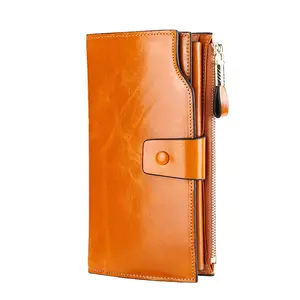 Wholesale Classic Style Brown Genuine Leather Travel Long Clutch Wallet With Sim Card Pocket Slots