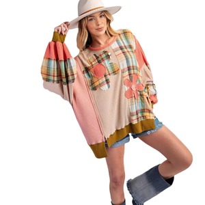 <span class=keywords><strong>Felpa</strong></span> da Donna Casual con Collo Tondo, Motivo Vintage a Quadri e Applicazioni Floreali, Vendita Calda - Product Image 5