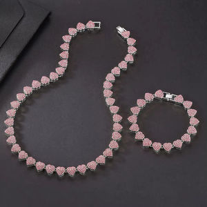 2 pz Set lucido a grappolo cuore ghiacciato fuori collana Miami e bracciale rosa/bracciale argenteo regalo di san valentino per uomo donna - Product Image 2