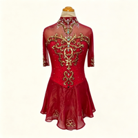 Robe de patinage artistique rouge à col haut et manches 3/4, tissu en maille avec strass, costume de performance pour enfants et adultes