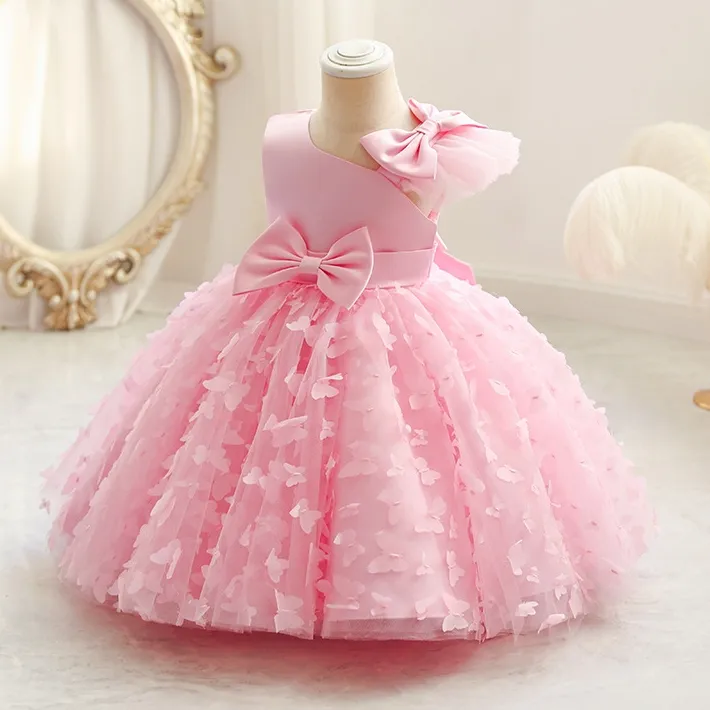 Vestido de novia para niñas pequeñas con flores, elegante mariposa, malla, Princesa, cumpleaños, fiesta de noche