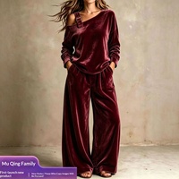 Nouvel ensemble décontracté deux pièces en velours uni pour femme, style européen et américain, pantalon ample à jambes larges et haut à manches longues épaules dénudées