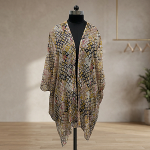 Boho Geometric Print Chiffon <b>Kimono</b> <b>Cardigan</b> V-Neck Loose Asymmetric Drop Shoulder Three Quarter Sleeve Maxi Length - Product Image 4
