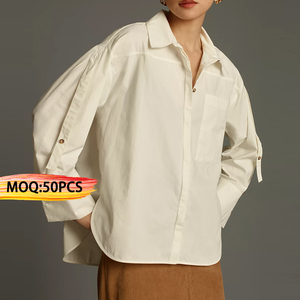 Oem Customization abbigliamento fabbrica signore girocollo maniche lunghe <span class=keywords><strong>Beige</strong></span> popeline Button Down camicetta da <span class=keywords><strong>donna</strong></span> - Product Image 1