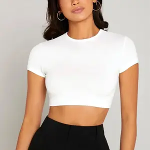 High Quality Cotton Solid Color Plain Solid Mock Neck Crop Topcouple Plain Girl T Shirt Crop Tee Shirt Short Tops For Women