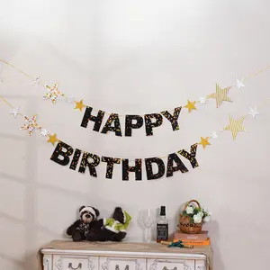 जन्मदिन की पार्टी फांसी माला गोल्ड स्टार बैनर काले जन्मदिन मुबारक जन्मदिन की सजावट के लिए कागज बन्टिंग