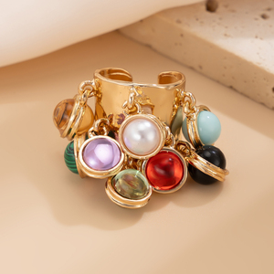 Bague tendance multicolore en perles de verre lisses avec pendentif gland pour femme, bague ouverte plissée large pour femme, bijoux cadeaux - Product Image 4
