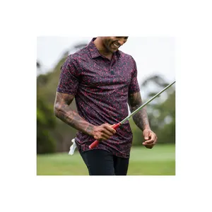 Custom All Over Impressão Umidade Wicking Polo Golf Mens T Shirt Poliéster Spandex Polo de golfe personalizado para homens