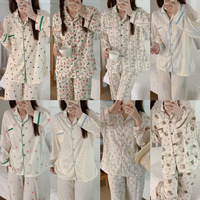 Ensemble de pyjama pour femmes à imprimé floral, en crêpe, manches longues, vêtements de nuit en deux pièces, boutonné, respirant, ensemble de vêtements de détente pour femmes