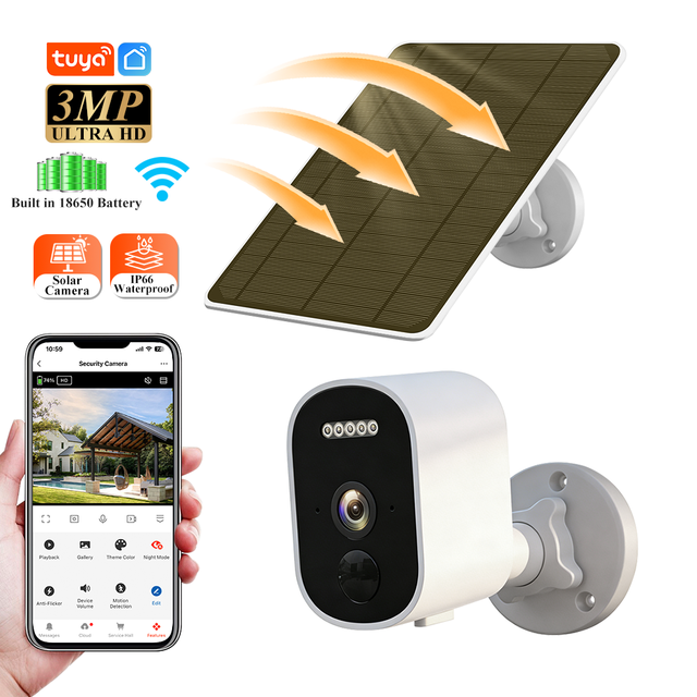 Outdoor Solar Wireless Security Camera 3MP 2.4G WiFi Battery Powered IP66 Weatherproof Motion Detection Night Vision Camera