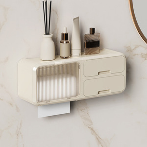 Wall Mounted Bathroom Tissue Box Off White Rectangle Punch Free <b>Storage</b> Organizer For Toilet Paper And <b>Toiletries</b> - Product Image 1