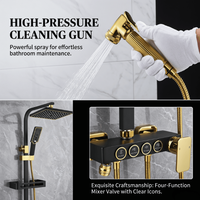 Système de douche mural noir poli haut de gamme, ensemble complet avec mitigeur thermostatique triple poignée pour baignoire eau chaude/froide et fonction pluie