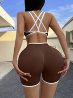 Ensemble de sport pour femme, couleur contrastée personnalisée, sans couture, séchage rapide, côtelé, haute élasticité, soutien-gorge de sport, short de yoga, tenue de sport active