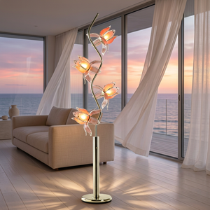 Lampadaire Lotus à 4 têtes, design artistique, pétale en acrylique rose, commande en gros avec assurance commerciale pour vitrine de magasin de meubles - Product Image 1