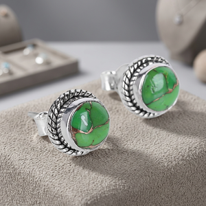 Turquoise <b>Silver</b> Stud <b>Earrings</b> Handmade Natural Copper Turquoise Gemstone 925 Sterling <b>Silver</b> <b>Wedding</b> Party Bohemian Style - Product Image 3