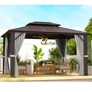 Mochen Modern 10x12FT Exterior Hardtop Gazebo Acero Galvanizado Doble Techo con Marco de Aluminio Pérgola Red Cortinas por Metal